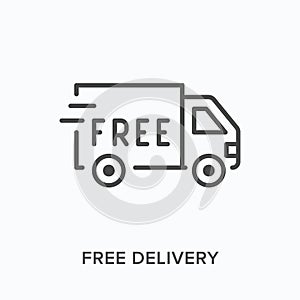 Free delivery flat line icon. Vector outline illustration of fast truck, parcel shipping. Local delivering service thin