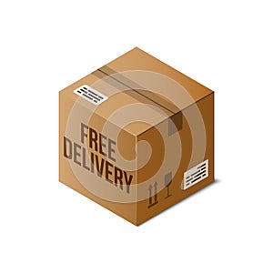 Free Delivery icon. Isometric cardboard box sealed with Tape Dispenser. 3D vector warehouse object on white.