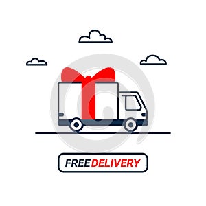 Free delivery Line icon. Thin line styled Delivery truck with bow isolated on white background. Delivery service