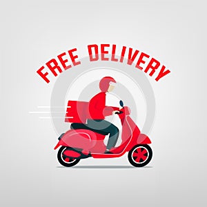Free Delivery man riding a scooter. Man courier riding scooter with parcel box fast delivery concept.