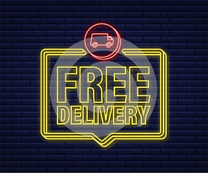 Free delivery. Neon icon. Badge with truck. Vector stock illustrtaion.