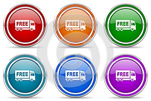 Free delivery silver metallic glossy icons, set of modern design buttons for web, internet and mobile applications in 6 colors