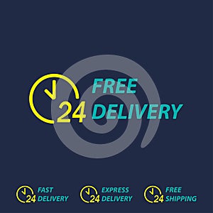 Free delivery symbol with 24 hours clock. Fast delivery, express delivery or free shipping labels. Vector delivery background.