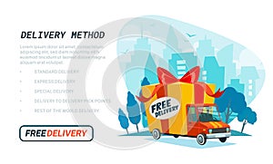 Free delivery template. Delivery truck with gift box, parcel. Delivery service Shipping by car or truck. Flat style