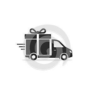 Free Delivery truck with gift box Icon. Vector flat style illustration isolated on white