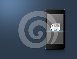 Free delivery truck icon on modern smart phone screen over light