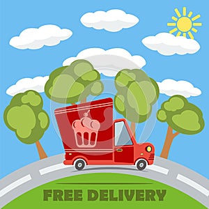 Free delivery van truck with cake vinyl logo. Vector.