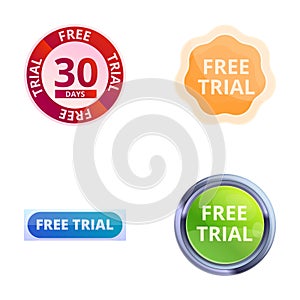 Free demo icons set cartoon vector. Free trial badge and sticker
