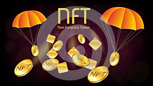 Free distribution of collectible NFT non fungible token. A lot of golden tokens and coins falling on parachutes. NFT airdrop