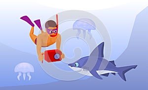 Free diver with waterproof camera underwater, cartoon vector