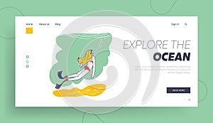 Free Diving Activity Landing Page Template. Woman Freediver Relax Snorkeling with Mask and Fins. Girl Explore Sea Bottom