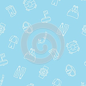 Free diving seamless pattern. Flippers, mask, wetsuit, monofin and other diving equipment. Vector illustration