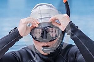 Free diving training on swimming pool