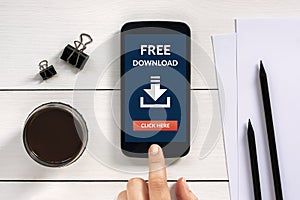 Free download concept on smart phone screen with office objects