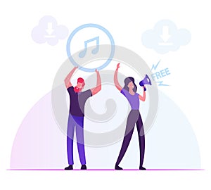 Free Download Services and Internet Content Piracy Concept. Woman Crying to Loudspeaker, Man Holding Music