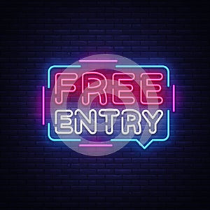 Free Entry neon text vector design template. Free admission signboard neon, light banner design element colorful modern