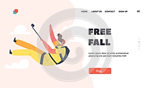 Free Fall Landing Page Template. Parachute Jumping Extreme, Female Skydiver Making Jump and Record Video on Smartphone