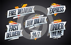 Free and fast delivery, express, buy online, order online, 24/7 - marketing symbols set