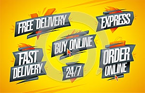 Free and fast delivery, express, buy online, order online, 24/7 - marketing symbols set