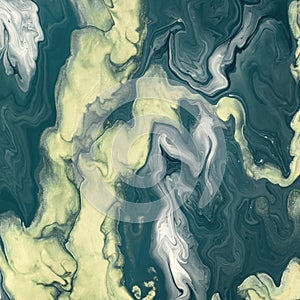 Free flowing yellow and green acrylic paint. Abstract marble background or texture. Random Waves and Curls