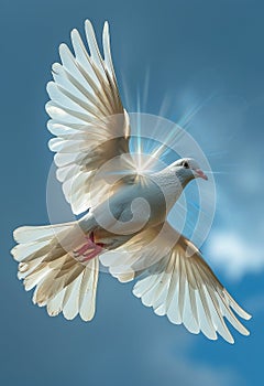 Free flying white dove isolated on blue sky background