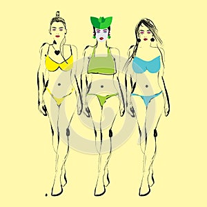 Free hand drawing of three beautiful women in bikinis