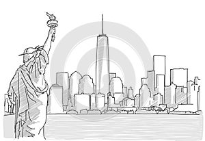 Free hand sketch of New York City Skyline with Statue of Liberty