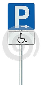Free Handicap Disabled Parking Lot Road Sign, Isolated Handicapped Blue Badge Holders Only, White Traffic P Notice, Right Hand Arr
