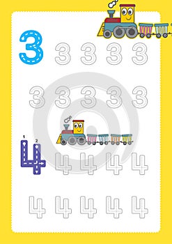 Free handwriting pages for writing numbers Learning numbers, Numbers tracing worksheet for kindergarten with train cartoon train c