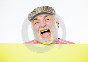 Free and happy. Copy space placate information. happy mature man in retro hat. Advertisement. Senior bearded man place