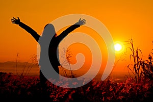 Free happy woman enjoying nature sunset. Freedom, happiness