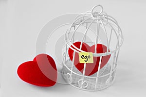 Free heart and heart in a bird cage with the word Ego written on