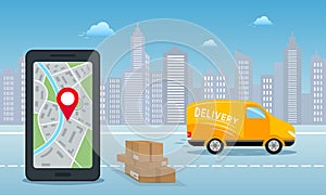 Free home delivery service by van. Smartphone with mobile app for online delivery tracking and yellow car, stack of parcel boxes