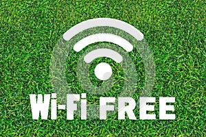 Free internet point in a bar, restaurant, cafe or park. Wi-Fi icon on a green grass background. Technology and communications