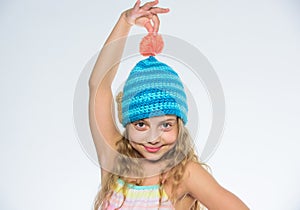 Free knitting patterns. Fall winter season accessory. Childrens knitted hats. Girl long hair happy face white background