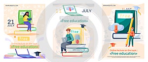 Free lecture, students study by webinar training with video session, tutorial podcast vector banner