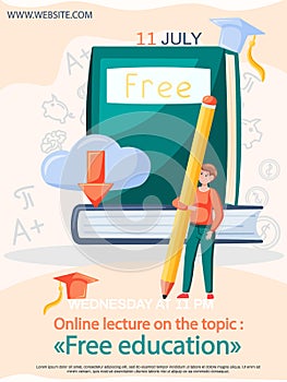 Free lecture, students study by webinar training with video session, tutorial podcast vector banner