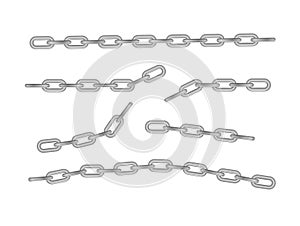 Free metal chain with whole or break steel chrome links. Collection of seamless metal chains colored silver. Vector