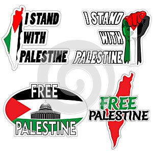 Free Palestine Text Logos with palestinian flag, palestine map, Al Aqsa Mosq, Freedom Fist, Set of four Vector Graphic Logos