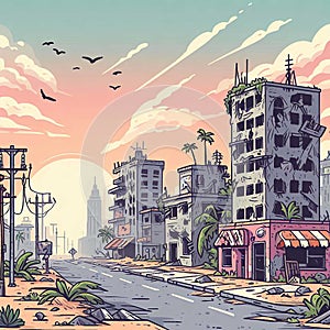 Free  post-apocalypse city cartoon with empty destroyed living buildings illustration