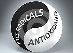 Free radicals and antioxidants in balance - pictured as words Free radicals, antioxidants and yin yang symbol, to show harmony