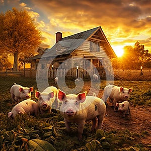 Free range pigs farm house sunset