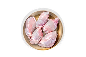 Free range Raw Boneless and skinless Chicken leg thigh fillet with spices. Isolated on white background.