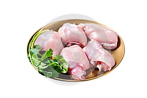 Free range Raw Boneless and skinless Chicken leg thigh fillet with spices. Isolated on white background. Top view.