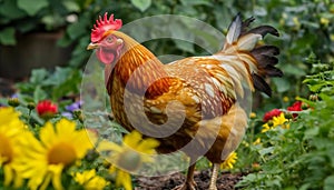 Free range rooster pecking in green meadow generated by AI