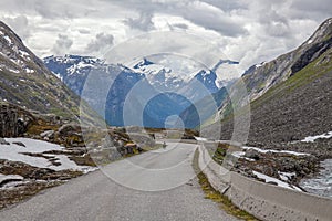 Free range sheep on a mountain road in Norway, Scandinavia animal road hazard conceptselective focus