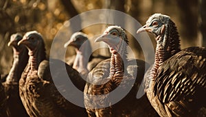 Free range turkey scavenging for food in rural farm generated by AI