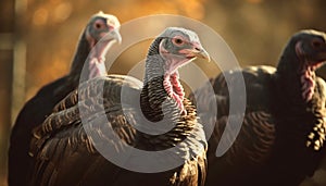 Free range turkey with vibrant feathers scavenging farm generated by AI