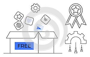 Free Resources Concept with Open Box, App Icons, Gear, Badge, and Workflow Diagram