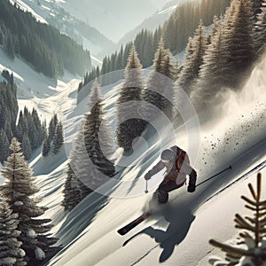 Free ride skier moving downhill on sunny snow covered Alpine slope